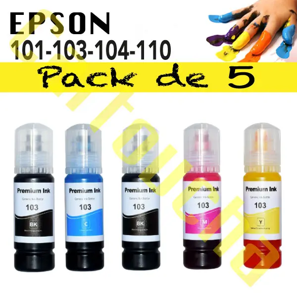 PACK 5 BOUTEILLES ENCRE COMPATIBLE EPSON 101-103-104-110-112