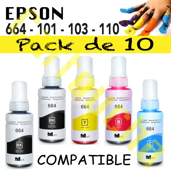 PACK 10 BOUTEILLES ENCRE COMPATIBLE EPSON 101-103-104-110-112 - 664